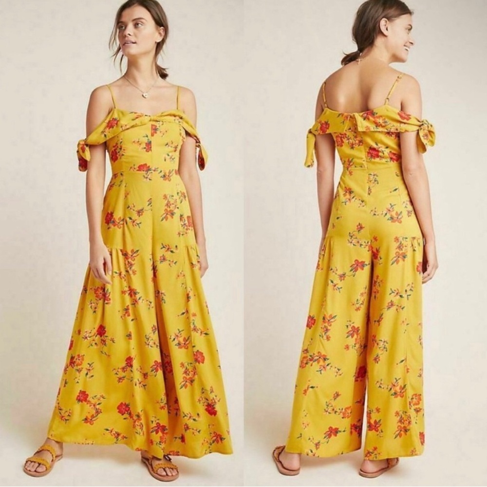Anthropologie Londonderry mustard wide leg floral strap off shoulder jumpsuit 0